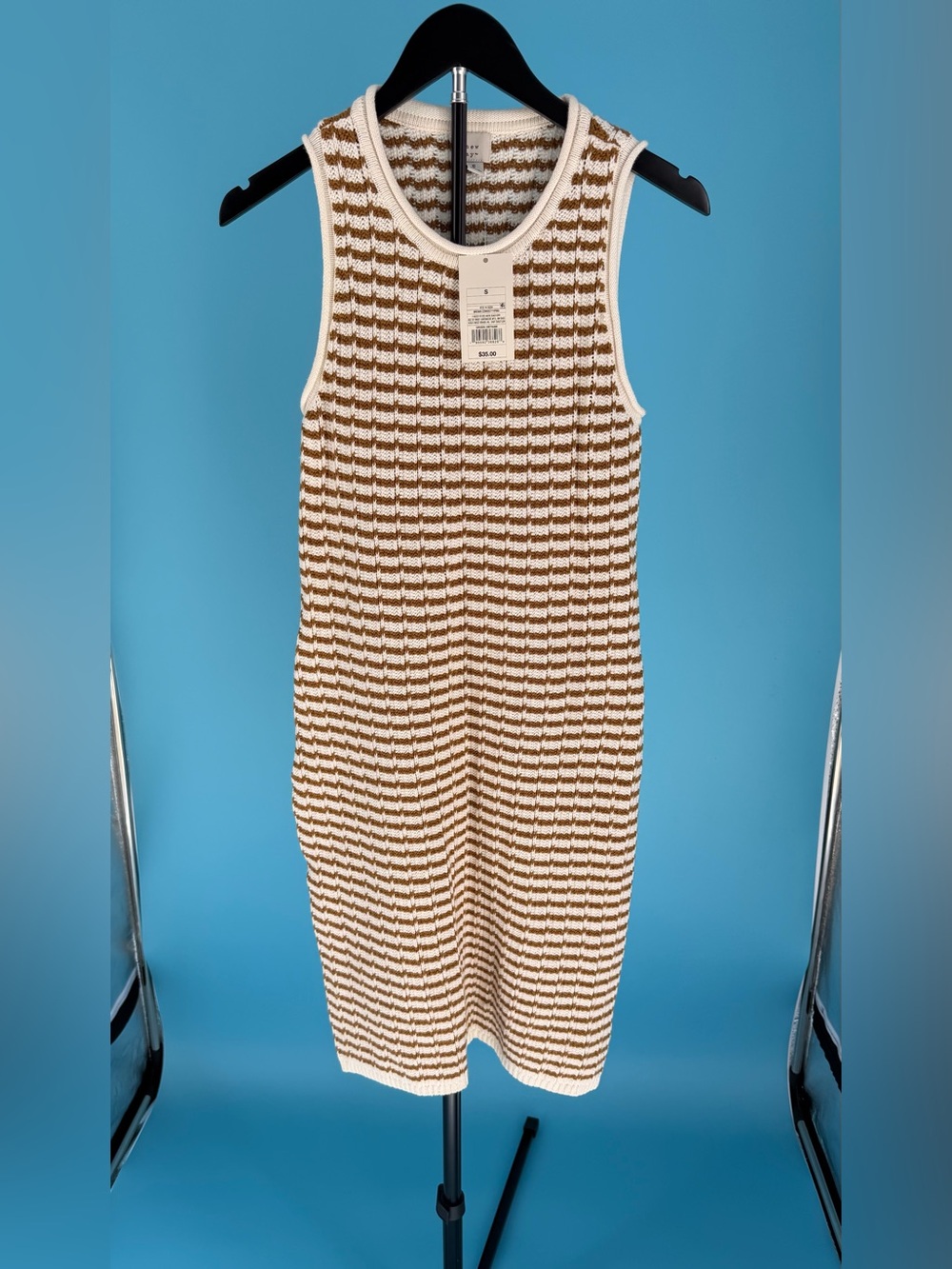 A New Day Women’s Crochet Mini Sweater Dress - Tan/White Stripe (Size S) NWT - Picture 3 of 8